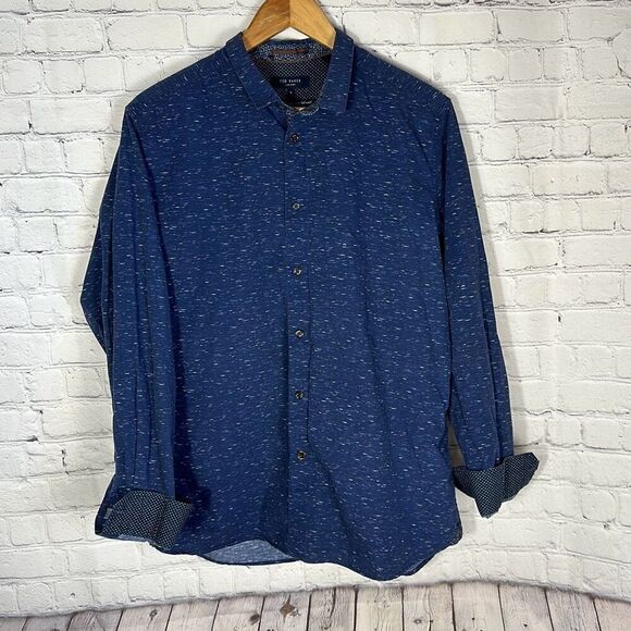 Ted Baker Pantheo Mens Blue Nepped Print Cotton Button Down size 5 XL - Picture 1 of 10